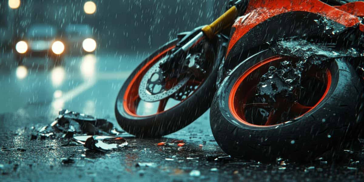 Wrecked motorcycle on wet road after crash in heavy rain showing risk of motorcycle accident injuries