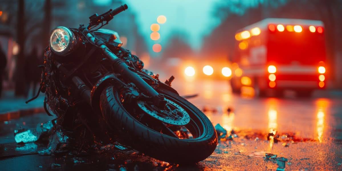 Damaged motorcycle on wet city street at night after crash with ambulance in background, used for motorcycle accident lawsuit blog post.